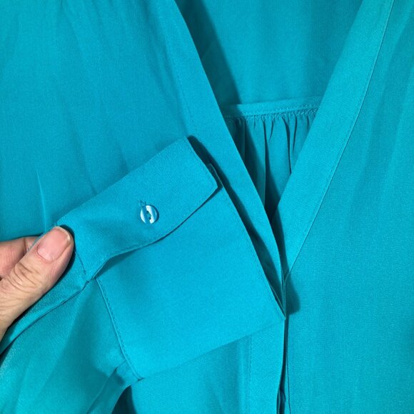 Worthington V Neck Button Shirt Turquoise S Polyester Hidden Button Placket - Picture 3 of 9